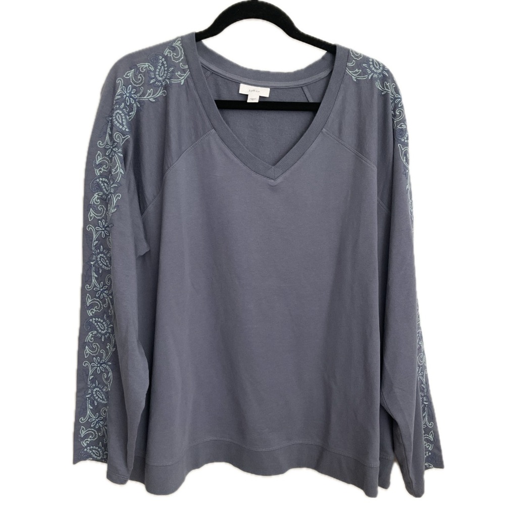 J. Jill Fit 2X Slate Blue V-Neck Pullover with Embroidered Sleeves - Picture 11 of 11
